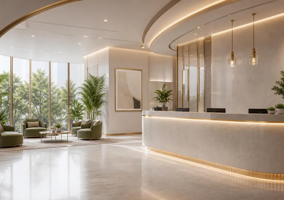 Titanium Roots clinic reception with seating and architectural lighting