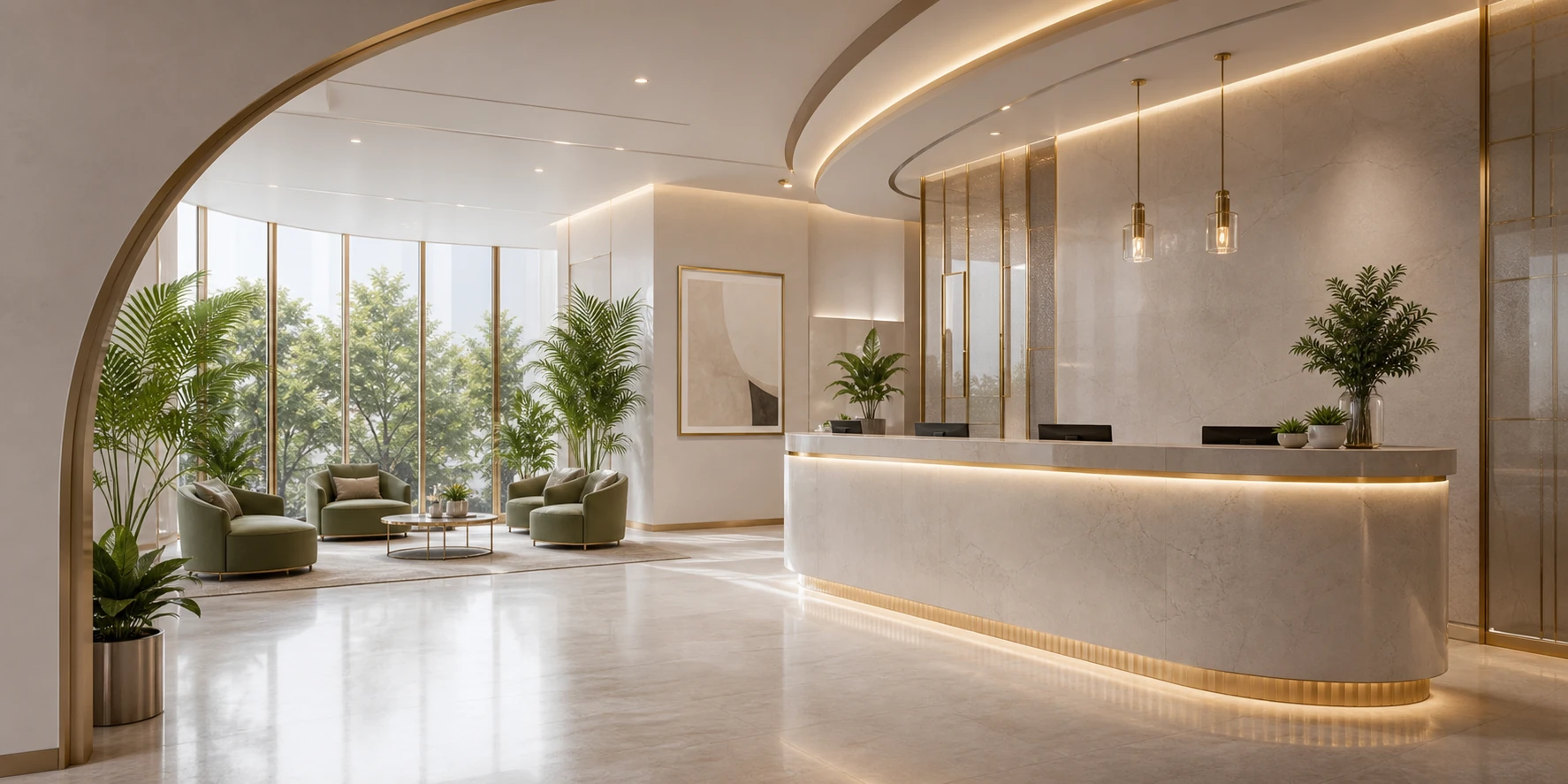 Titanium Roots clinic reception with seating and architectural lighting